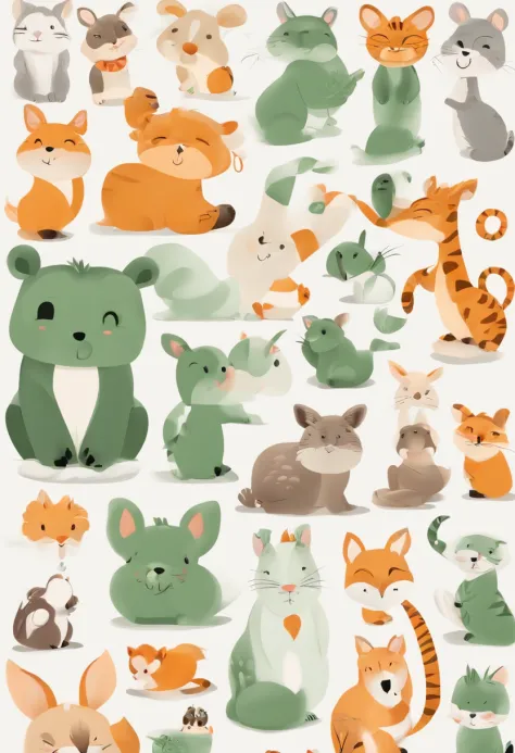 （Cartoon critters），adolable，（Sticker screen），Distributed typesetting，（Sticker style），Flat style，Rich in color，（Small animals）（With white edges），cute illustration，flatillustration，paper cut out，Dark green background，multi-detail，k hd