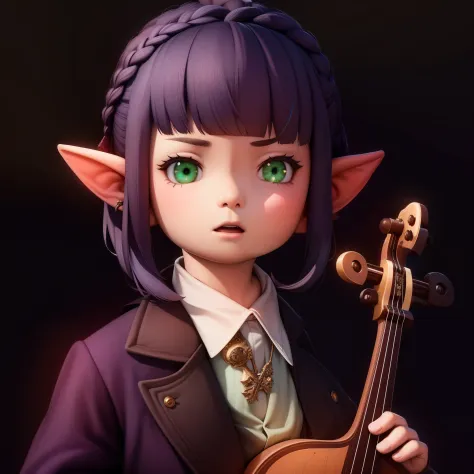 masterpiece, mogi-style, complex lighting, solo focus, female, lalafell, childish, big vibrant green eyes, pointy ears, dark pur...