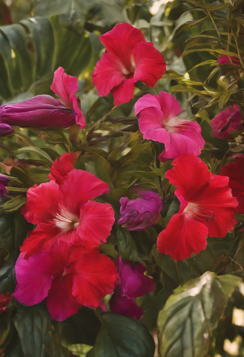 There are many different colored flowers in a pot on the plant - SeaArt AI