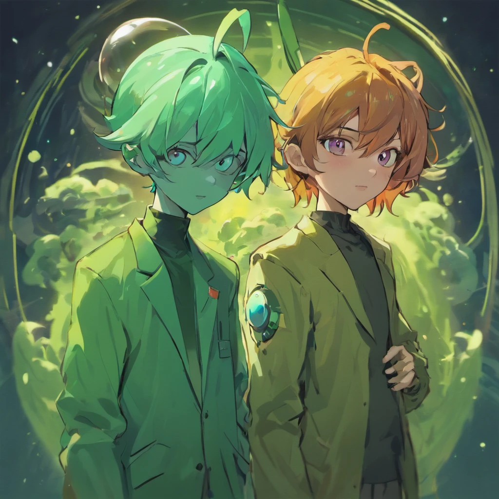 Two anime characters in green jackets standing next to each other - SeaArt  AI