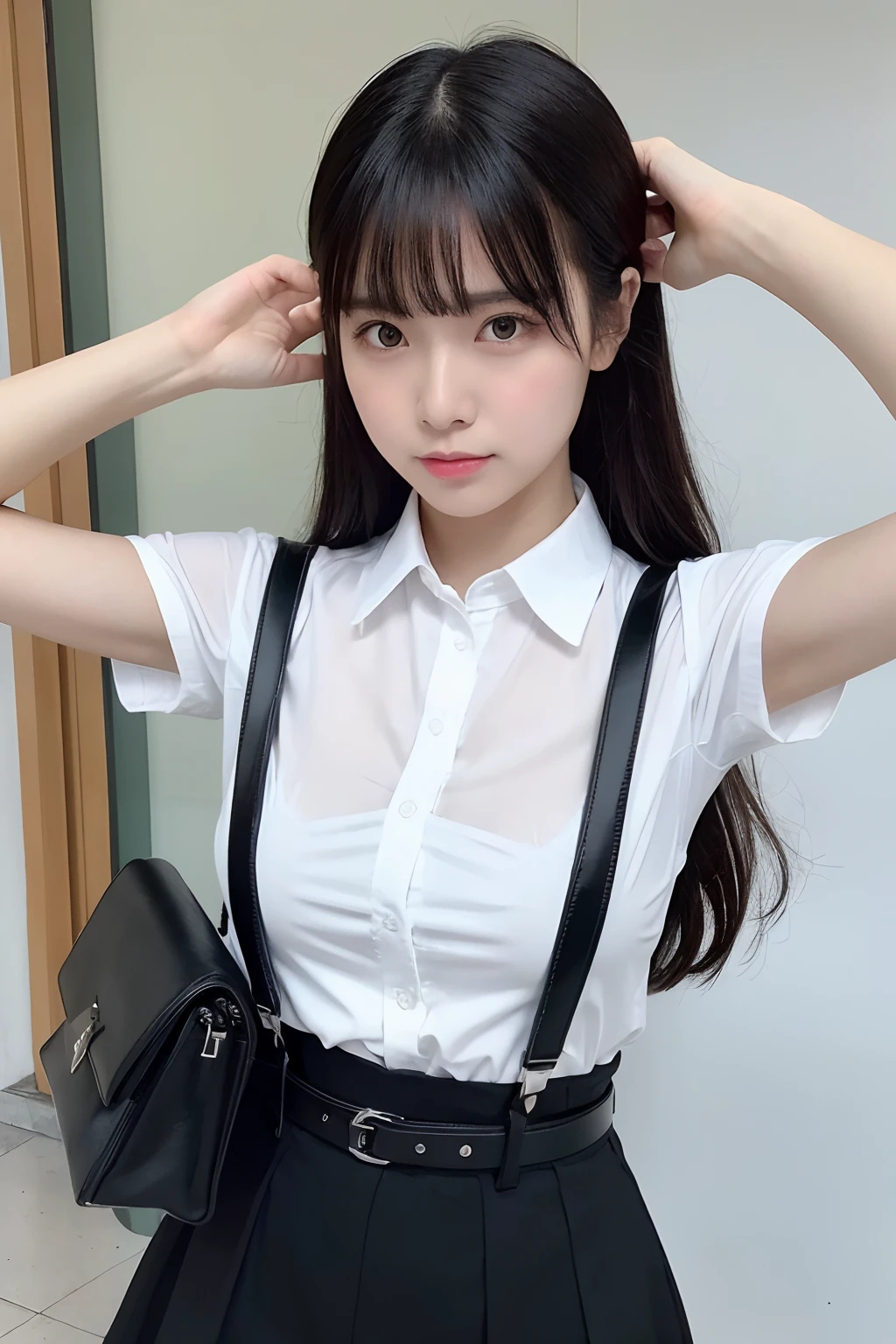 A woman in a white shirt and black suspenders posing for a picture - SeaArt  AI