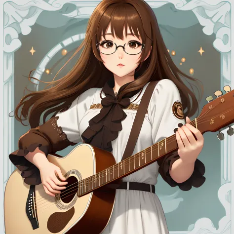 acoustic guitar　girl with　eye glass　Parting in the middle of the bangs　animesque　Brown hair
