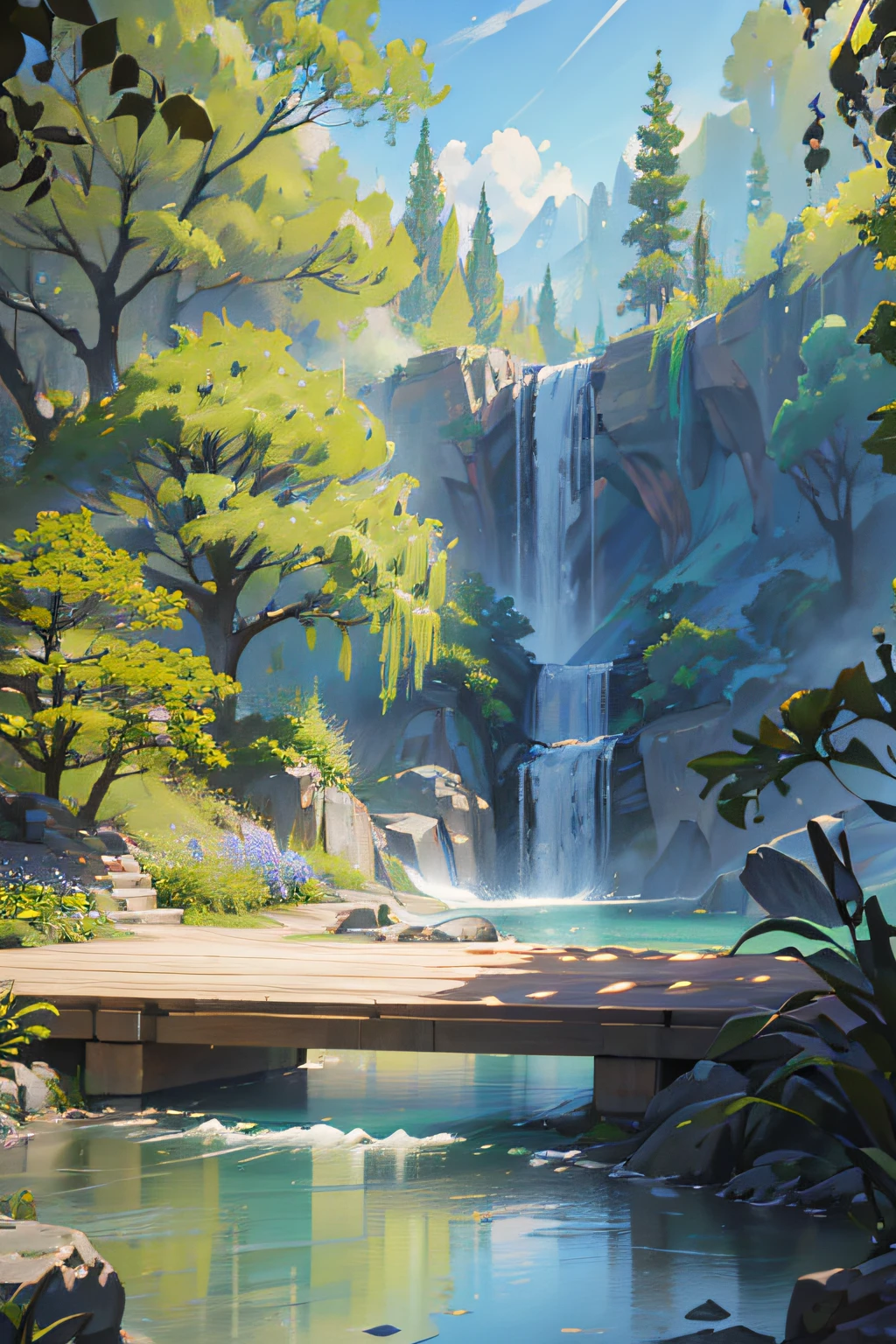 Ein unglaublich detailliertes und fotorealistisches CG Unity 8K-Hintergrundbild, die Schönheit eines klassischen chinesischen Gartens, Die atemberaubende Landschaft bietet einen ruhigen See und Fluss, umgeben von üppiger Vegetation und majestätischen Bäumen, natürliches Licht, blauer Himmel, flauschige Wolken, waterfall, Bokeh, Tiefenschärfe, HDR, blühen, Chromatische Abweichung, und komplizierte Details