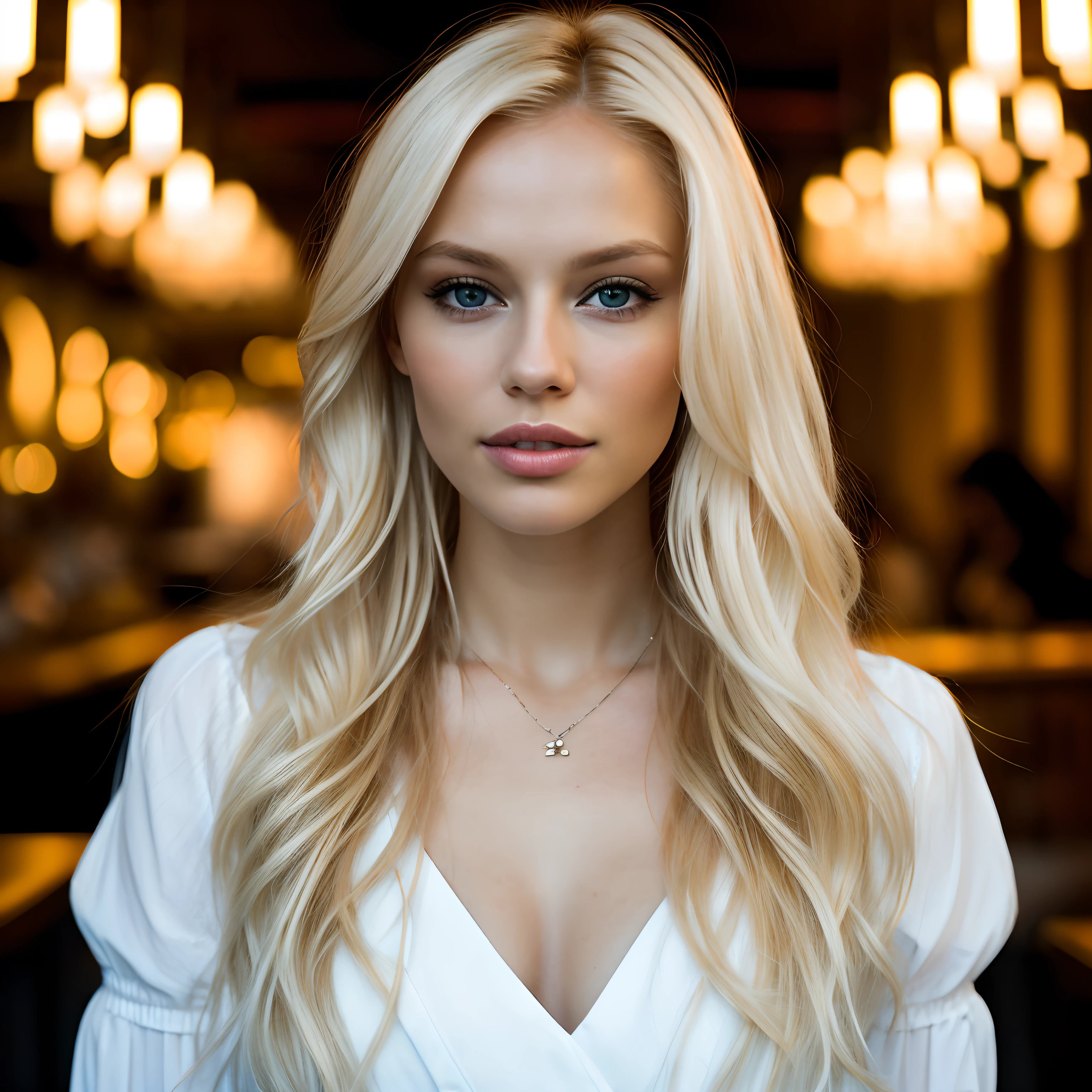 A close up of a woman with long blonde hair and a white top - SeaArt AI