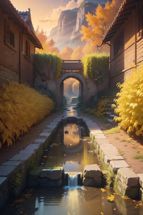 (Autumn landscape, the setting sun, small bridges, flowingwater, Small courtyard, Small roads, The afterglow of the setting sun ...