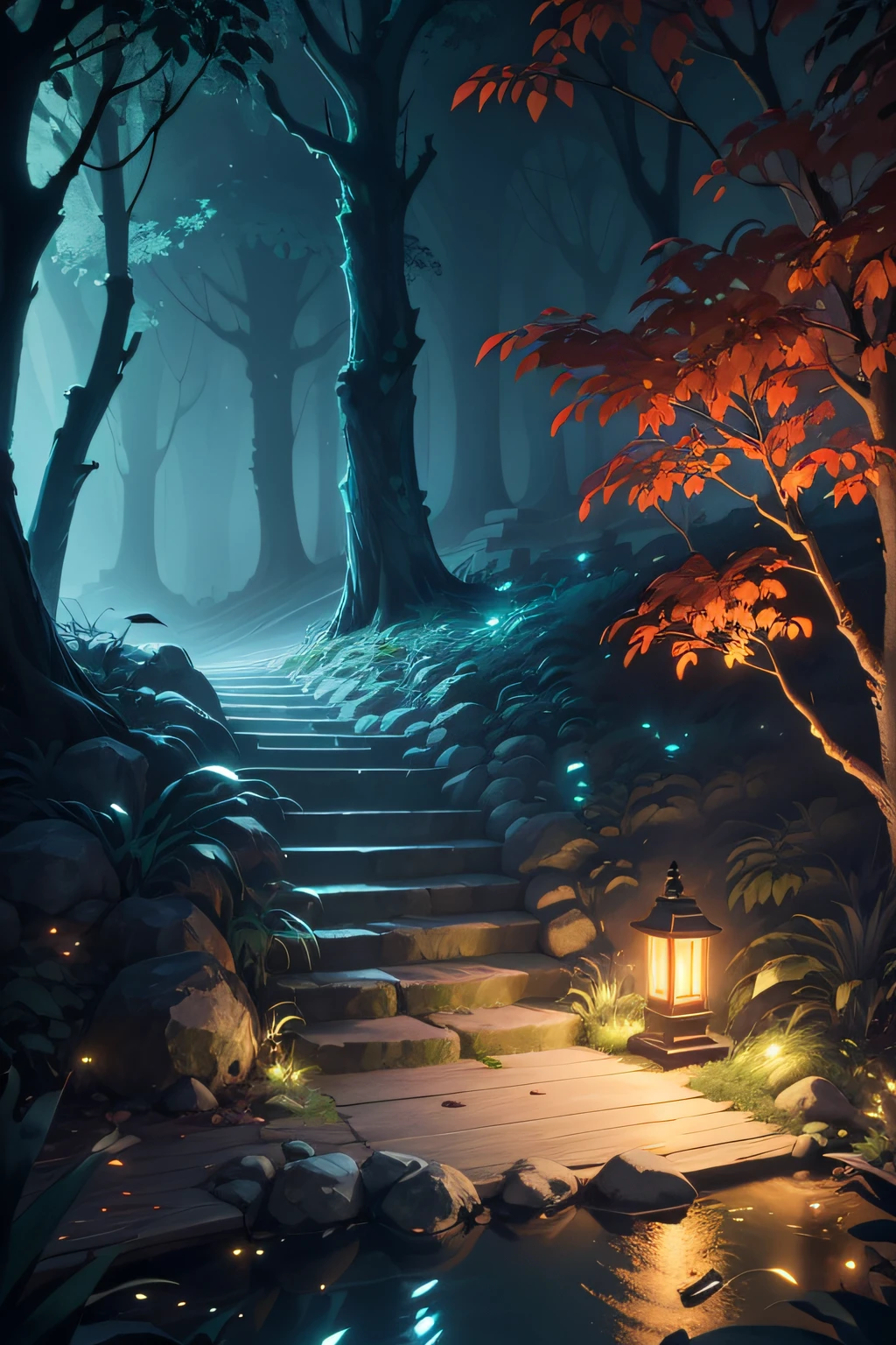 Masterpiece, best quality, (very detailed CG unity 8k wallpaper), (best quality), (best illustration), (best shadows), luminous sprite, mountain stream, (ancient Chinese architecture), stream, clear water near the lake, natural elements in a forest theme. Night Mysterious Forest, beautiful night forest, lotuses in the water, stone steps, stone bridge, night nature surrounded by night flowers, leaves and red branches surrounded by fireflies (natural elements), (night blackout), (night dark sky), (night jungle theme), (red glowing grass), (leaves), (branches), (red fireflies), (particle effects), 3D, dark background, Octane rendering, ray tracing, super detail, night, moon
