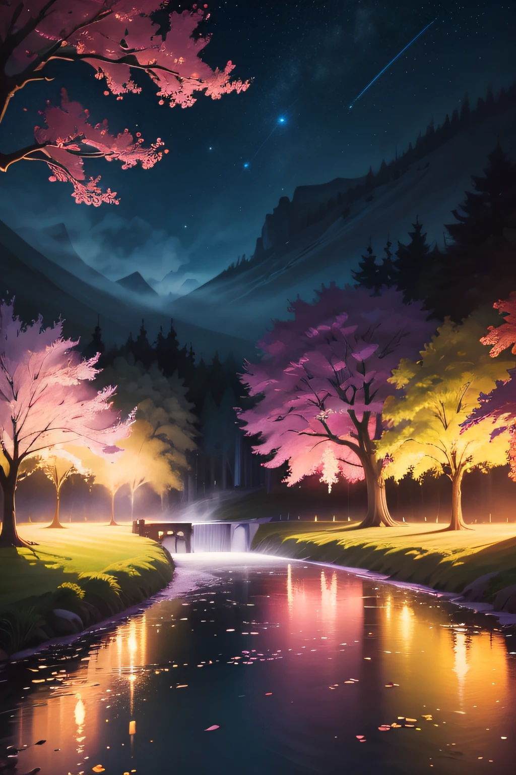 nigth，mont，Rose garden,Skysky，the space，starrysky,Skysky，galaxias，depth of fields，Light，Mist，the cherry trees，Reallightandshadow，painting-like,Ethereal atmosphere,Vibrant colors,cinematic compositions，dream magical，hoang lap，Particle effect，diffused reflections，waterfallr，Colorful flowers,Butterflies dancing,Dreamy and whimsical,Peaceful and charming,vibrant with colors,painting coming to life,Totally mesmerizing and fascinating,Simply breathtaking.(Best quality,4K,8K,A high resolution,Masterpiece:1.2),Ultra-detailed,