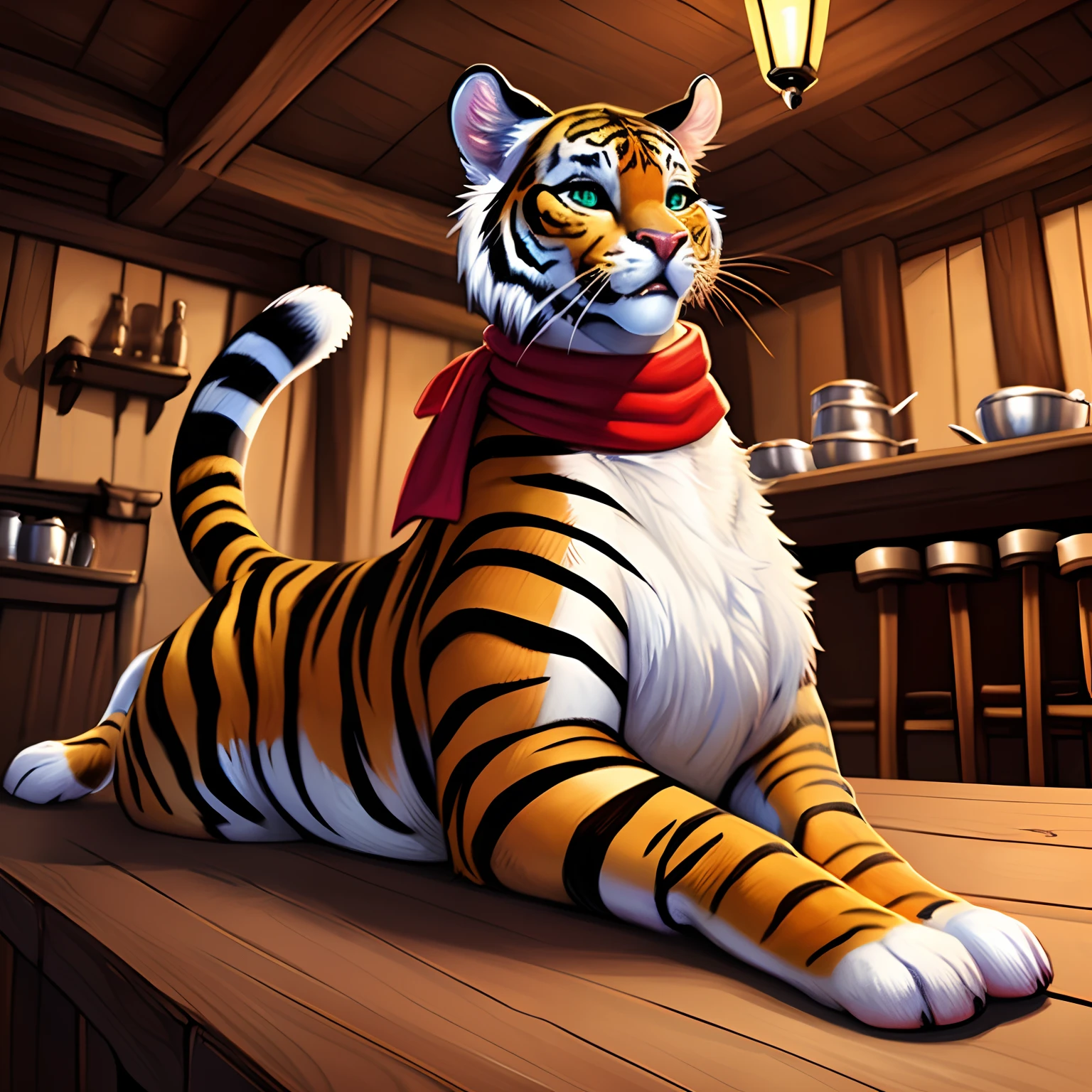 Chonker+++, Chonky tummy+++, 8k, portrait of a cute \(toyger\) cat sitting on a Barrel, Breathtaking scenery(((medieval tavern))) (((Toyger))), striped cat(((four legged, Haunches, Splooting))), Red scarf, detailed fur, trending on ArtStation, trending on CGSociety, Intricate, High Detail, Sharp focus, dramatic lighting, digital painting, digital art, by artgerm, by Liang Xing, by WLOP