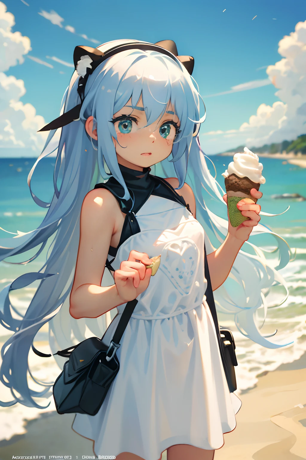 A cute, shy girl with her arm raised, holding an ice cream, wearing a bikini, at the beach. The girl has beautiful detailed eyes and lips, and long eyelashes. The scene is captured in a high-quality and ultra-detailed manner, with vivid colors and realistic lighting. The artwork is created using a medium that resembles an oil painting or a professional photograph. The overall color tone is vibrant and lively, emphasizing the brightness and warmth of the beach atmosphere. Additional details include a sandy beach with gentle waves, seashells scattered around, and a sunny sky with fluffy clouds. It is a joyful and refreshing image that evokes the summer vibe and the pleasure of enjoying ice cream by the seaside.