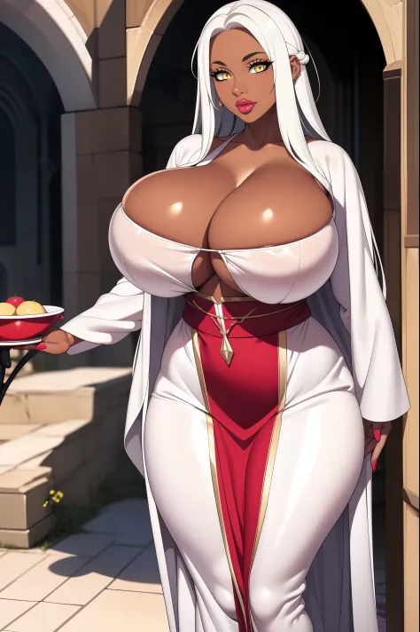 Sister New devil, Zest, 1girl, ((bimbo))), long white hair, yellow eyes, dark skin, puffy lips, painted lips, thick lips, wide hips, thick thighs, huge fake breast, huge ass, erotic face , white , perky , shiny skin, breasts squeezed together, huge fake br...