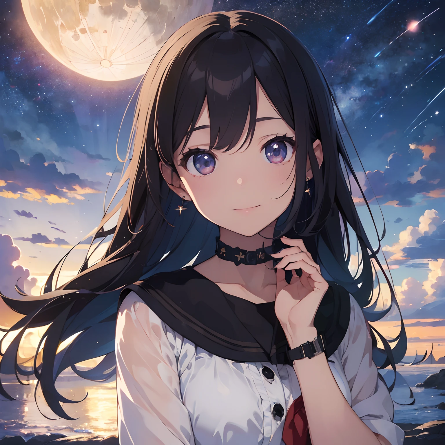 ((masterpiece), (best quality, top quality), 8k, ROW photo, extremely detailed, absurdres, (beautiful and aesthetic:1.2), professional illustration), anime, 
1girl looks at starry sky, black hair, star shape earrings, moon, galaxy, light smile, a lot of meteor shower