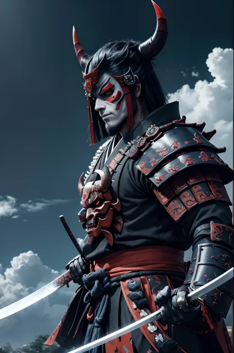 (demon samurai)、(Wearing a Demon Mask)、独奏、Like the whole body、(Armed with a long and large Japan sword)、magnificent artwork、((Kyoto panel painting style))、Wind-effect:1.9、Cloud Effects:1.2、Blue and black armor,Full Rendering、Encaustic Painting、unrealengine...