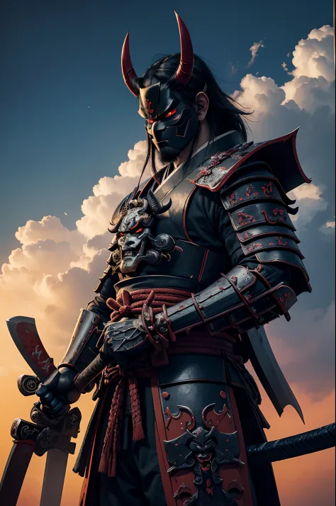 (demon samurai)、(Wearing a Demon Mask)、独奏、Like the whole body、(Armed with a long and large Japan sword)、magnificent artwork、((Kyoto panel painting style))、Wind-effect:1.9、Cloud Effects:1.2、Blue and black armor,Full Rendering、Encaustic Painting、unrealengine...