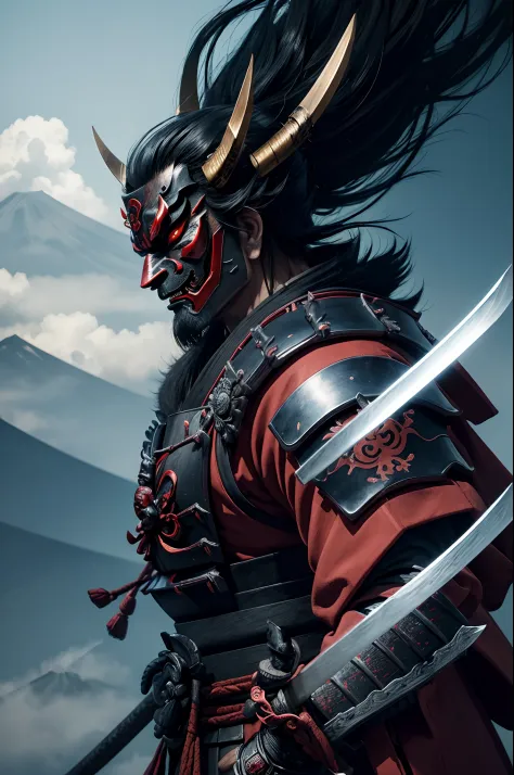 (demon samurai)、(Wearing a Demon Mask)、独奏、Like the whole body、(Armed with a long and large Japan sword)、magnificent artwork、((Kyoto panel painting style))、Wind-effect:1.9、Cloud Effects:1.2、Blue and black armor、Full Rendering、Encaustic Painting、unrealengine...