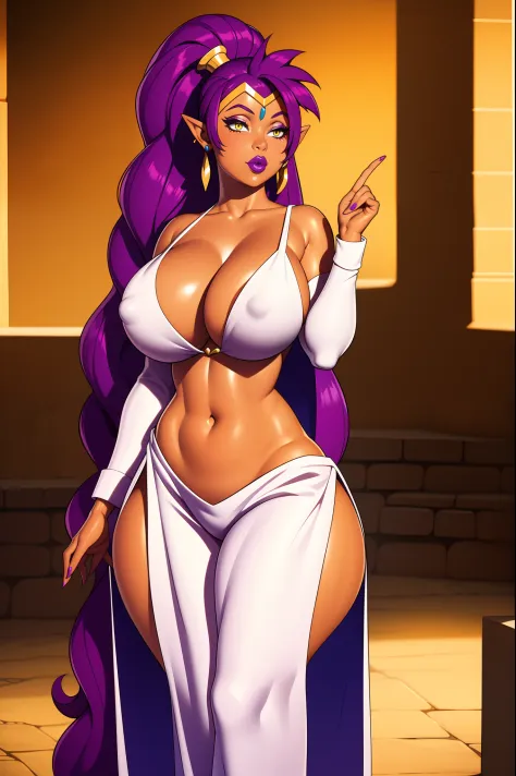 shantae, 1girl, ((bimbo))), long white hair, yellow eyes, dark skin, puffy lips, painted lips, thick lips, wide hips, thick thighs, huge fake breast, huge ass, erotic face , white , perky , shiny skin, breasts squeezed together, huge fake breasts, hand sig...
