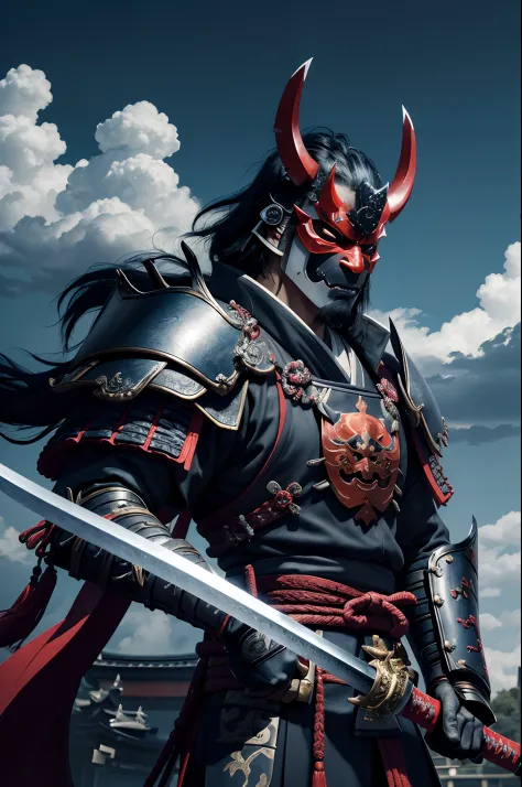 (demon samurai)、(Demon Mask)、独奏、Like the whole body、(Armed with a long and large Japan sword)、facing front,magnificent artwork、((Kyoto panel painting style))、Wind-effect:1.9、Cloud Effects:1.2、Blue and black armor、Full Rendering、Encaustic Painting、unrealeng...