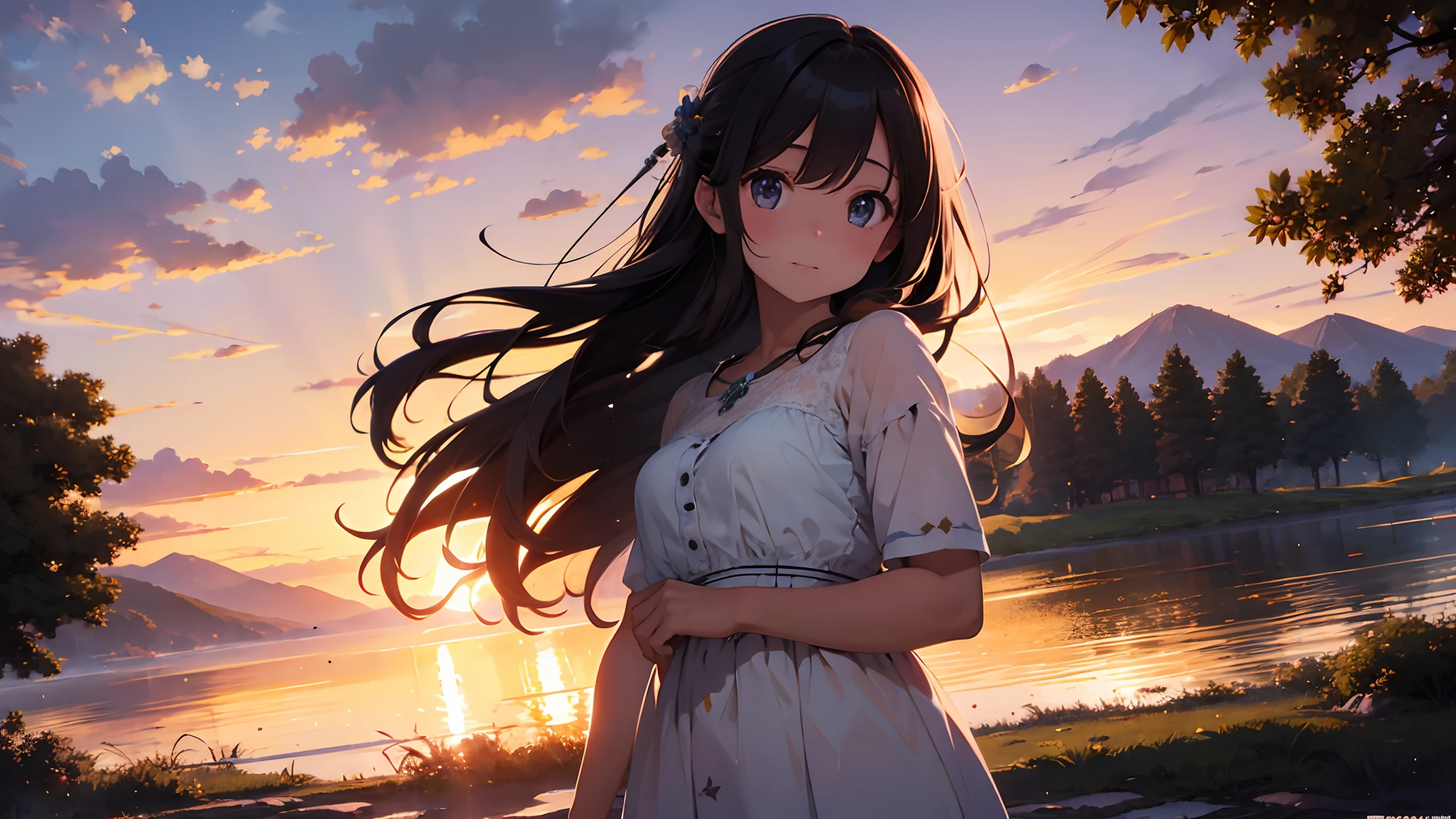 1 girl, serene expression, mesmerizing eyes, straight long hair, flowing dress, poised posture, porcelain skin, subtle blush, crystal pendant
BREAK
golden hour, (rim lighting):1.2, warm tones, sun flare, soft shadows, vibrant colors, painterly effect, dreamy atmosphere
BREAK
scenic lake, distant mountains, willow tree, calm water, reflection, sunlit clouds, peaceful ambiance, idyllic sunset, ultra detailed, official art, unity 8k wallpaper
, zentangle, mandala