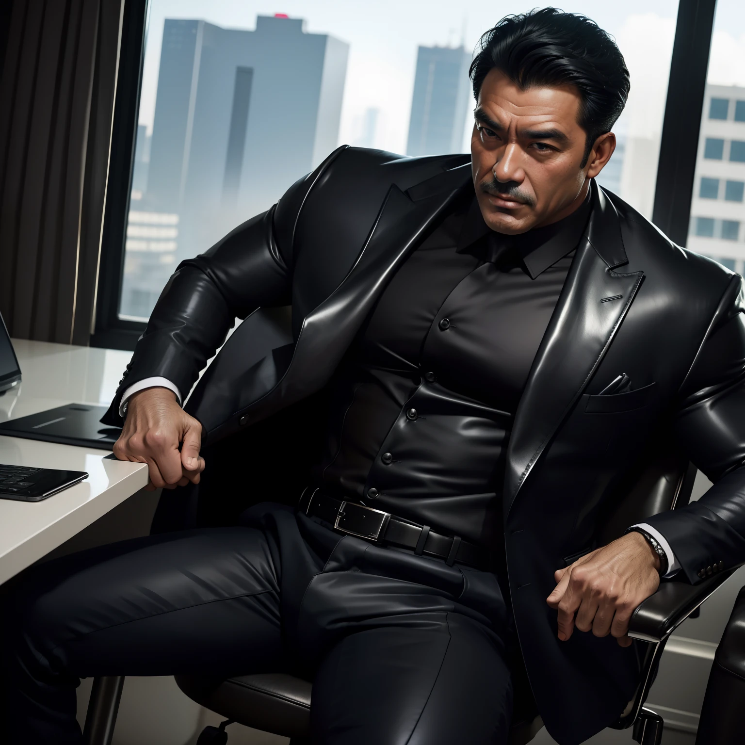 50 years old,daddy,shiny suit ,Dad sat on a chair,k hd - SeaArt AI