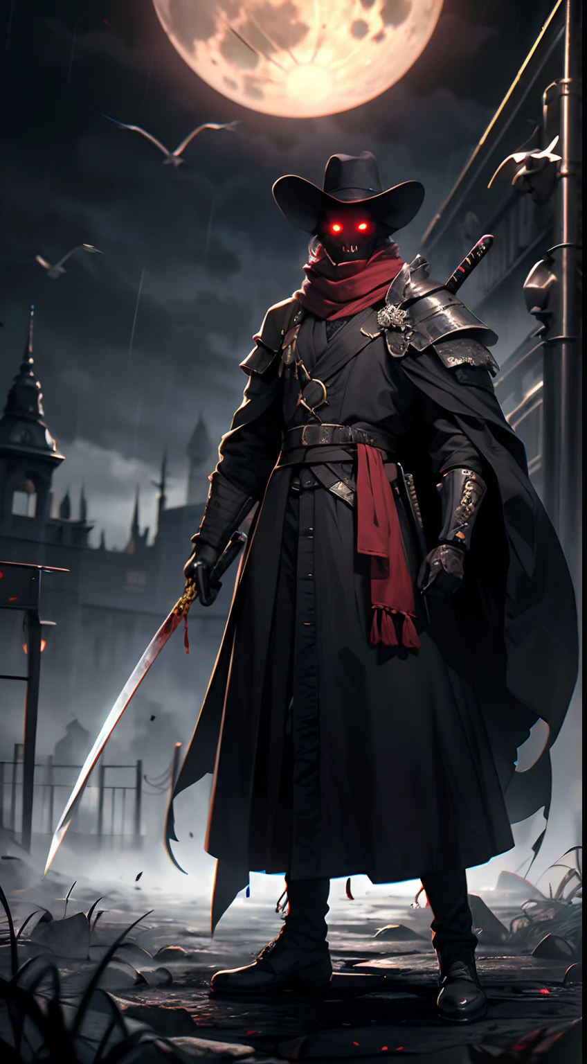 （irascible, irate，A high resolution, super-fine),（((Red glowing eyes))）looks into camera, evil look, Clear facial features, （Golden Hoop Curse）, bloody katana was held in his hand, to grin, human teeth exposed, Dressed in gorgeous armor, The red scarf sways in the wind，scarce face, Shoulder armor youkai skeleton decoration, flame, Kingly temperament, Full body photo, cinematic rim light, The light is delicate, tmasterpiece, ultra - detailed, Epic composition, super HD, high qulity, HighestQuali, 32K, grin, a plague doctor humanoid, holding katana, scary, horor, night, dark, rainy weather, full moon, glowing red eyes, evil, 1600s, graveyard background, gloomy background, black clouds, a lot zombies red eyes looking at the view, black red details robe, wallpaper