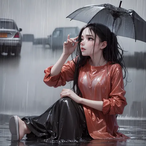 a crying girl in the rain,wetted see through top, broken umbrella, sitting on the wetted ground, pity face, dark clouded sky, ve...