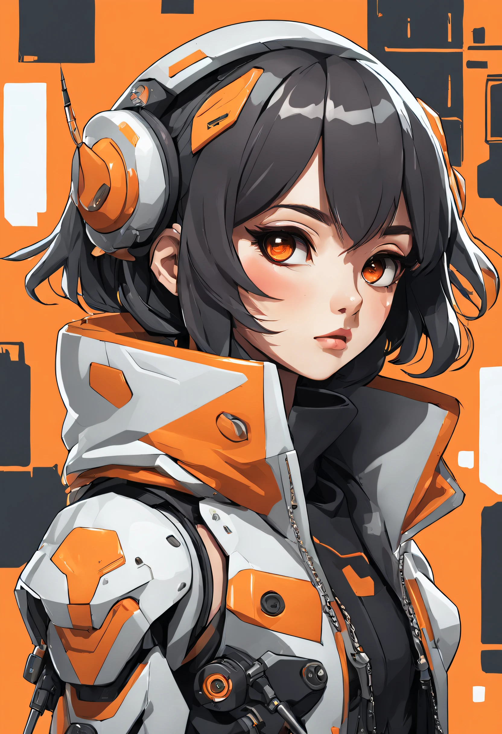 In Sticker style、Geometric pattern background，a sticker，Anime girl with orange and white jacket and black jacket surrounded by stickers, anime mecha aesthetic, style of anime4 K, anime graphic illustration, mecha asthetic, anime robotic mixed with organic, Digital anime illustration, Anime style illustration, lovely art style, anime illustration, Anime manga robot!! Anime girl, Anime style artwork, Digital cyberpunk anime art, Fully robotic!! Girl