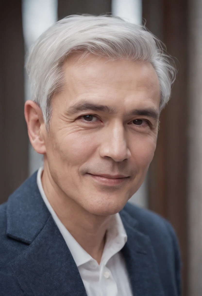 Portrait of handsome man 60 years old round face cinematic appearance、Silver hair、Dark blue jacket、White button-down shirt、kindly smile、Photography, Male perfection,  Black eyes, Hyper realistic, 8K - V 4、60-year-old dandy gentleman、Gentle eyes、Gray hair、Looking straight ahead at the camera、Gentle expression