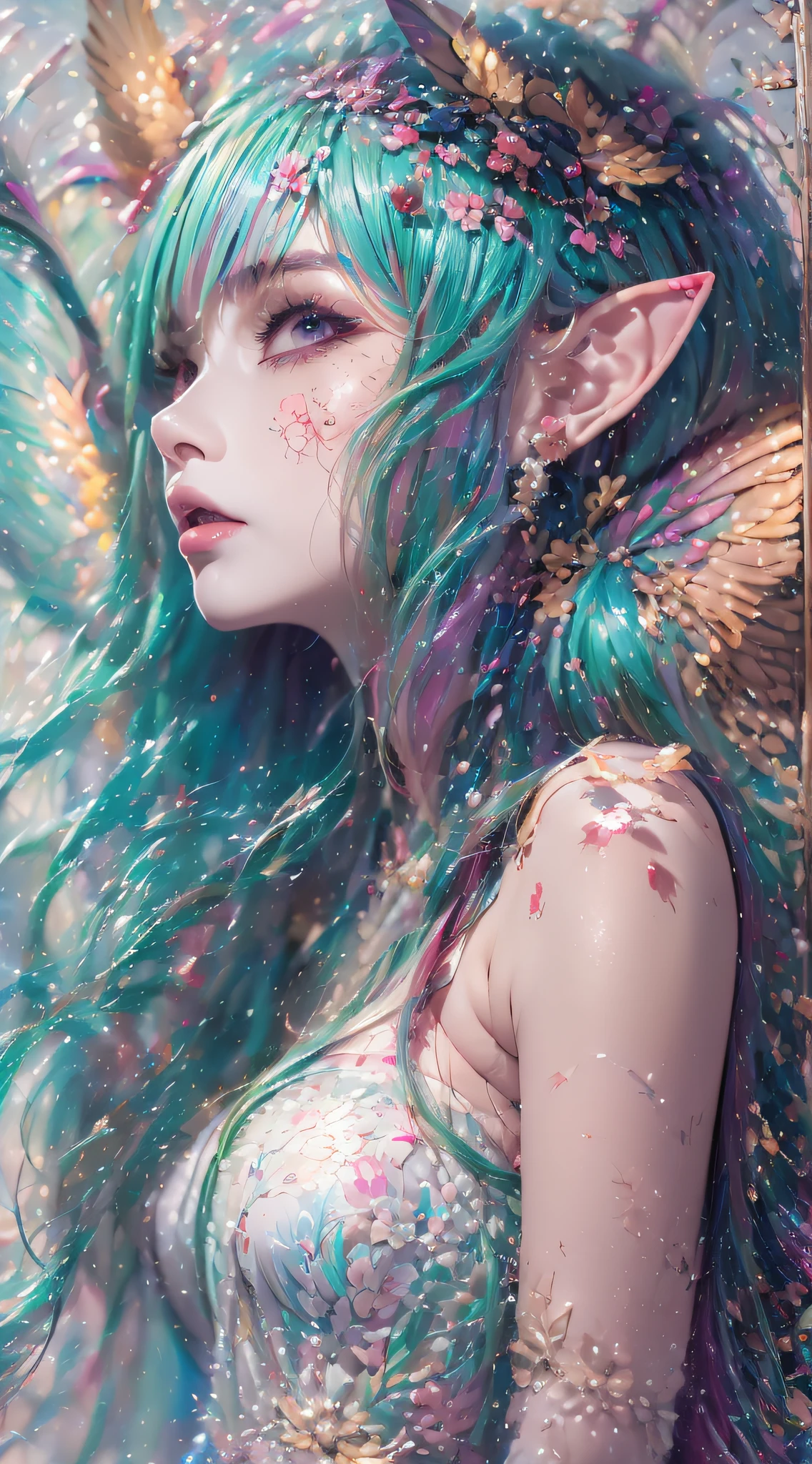 ( Absurd, High quality, Ultra-detailed, Masterpiece, concept-art, smooth, high detail artwork, Hyper-realistic painting , high resolution, paint splatter, colored splashing, Splash of Ink, colored splashing), (( Rainbow hair)),elf, Plum elf, plum , Transparent fairy wings, wearing only his underwear，huge tit，low chest，fairytale-like, Romantic, Vivid, Whole body,hand behind back，Malu，largeeyes，（Eye focus），Cosmic eyes，Space eyes，In nature with waterfalls，pureerosface_v1，ulzzang-6500-v1.1，
