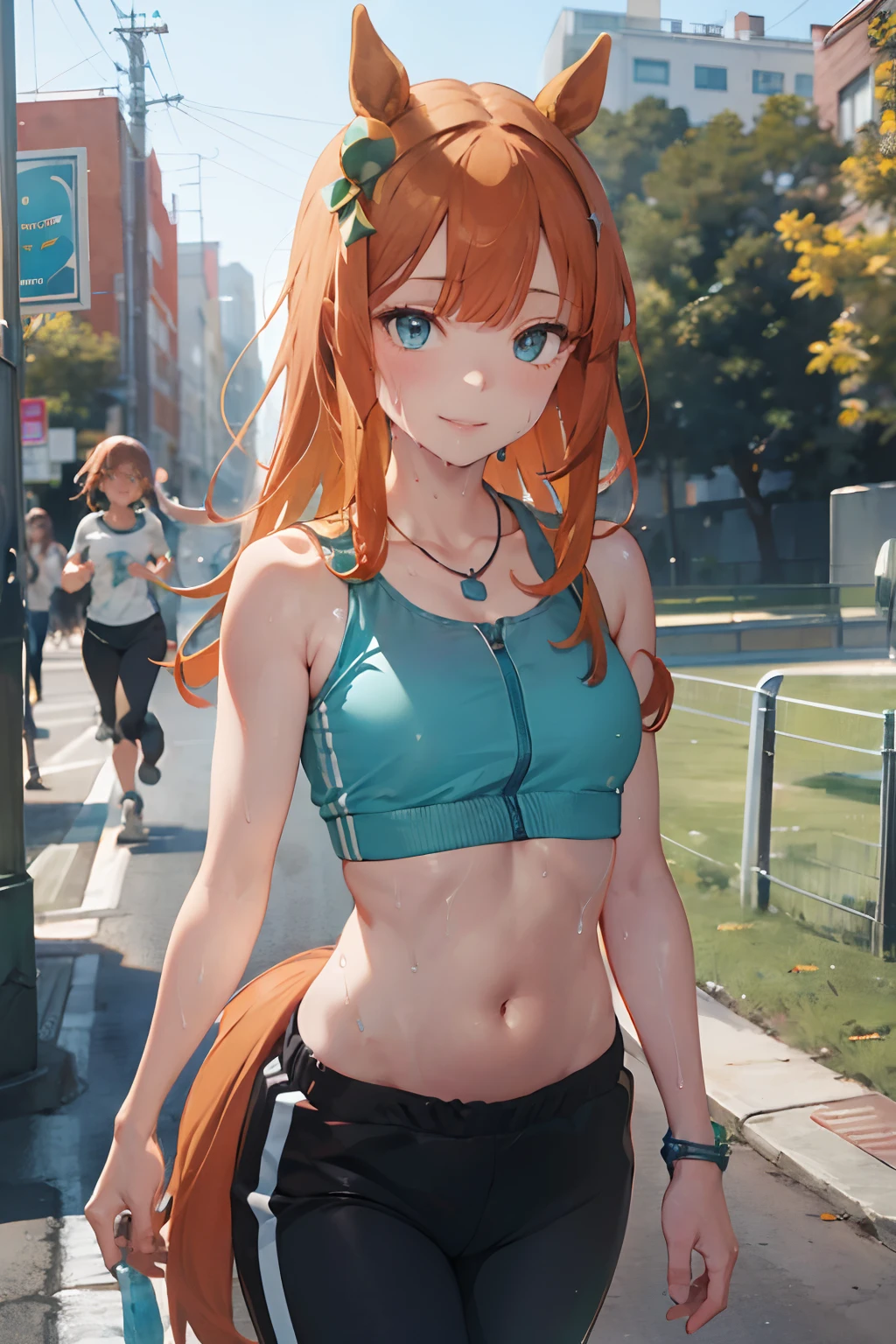 nsfw, masterpiece, 1 girl, topless, intricately detailed, navel, necklace, orange hair, jogging pants, smiling, extremely detailed, photorealistic, octane render, 8 k, unreal engine., bare breasts, bare stomach, sweaty, wet body, beautiful face, small breasts, flat chest, silence suzuka \(umamusume\), jogging, park, horse ear, horse tail, bare shoulders, nipples, holding water bottle, nude