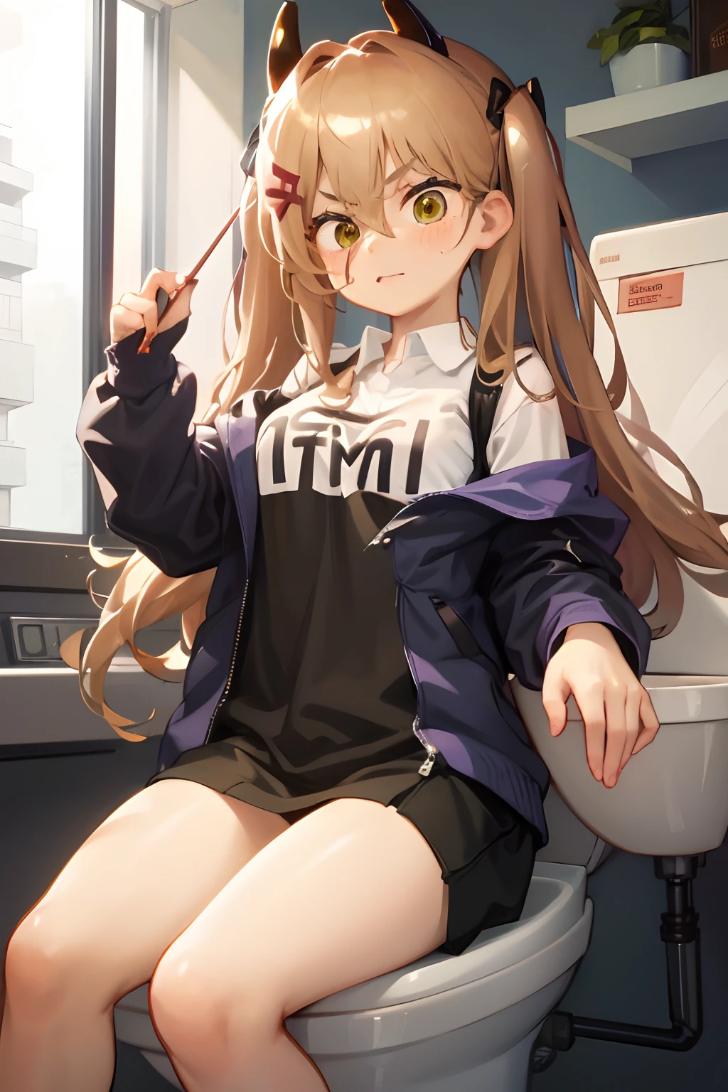 Anime girl sitting on a toilet with a cat ears on her head - SeaArt AI