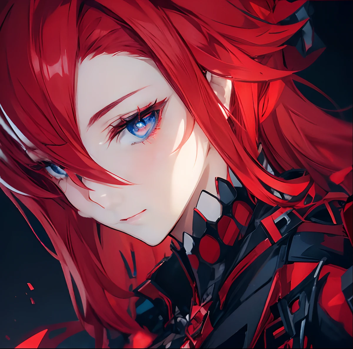 Estilo Niji, 1 garota, cabelo vermelho, olhos azuis, roupa preta e vermelha, tema preto,anime