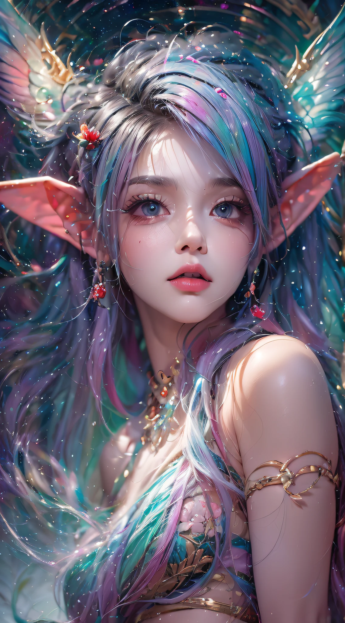 ( Absurd, High quality, Ultra-detailed, Masterpiece, concept-art, smooth, high detail artwork, Hyper-realistic painting , high resolution, paint splatter, colored splashing, Splash of Ink, colored splashing), (( Rainbow hair)),elf, Plum elf, plum , Transparent fairy wings, wearing only his underwear，huge tit，low chest，fairytale-like, Romantic, Vivid, Whole body,hand behind back，Malu，largeeyes，（Eye focus），Cosmic eyes，Space eyes，In nature with waterfalls，pureerosface_v1，ulzzang-6500-v1.1，