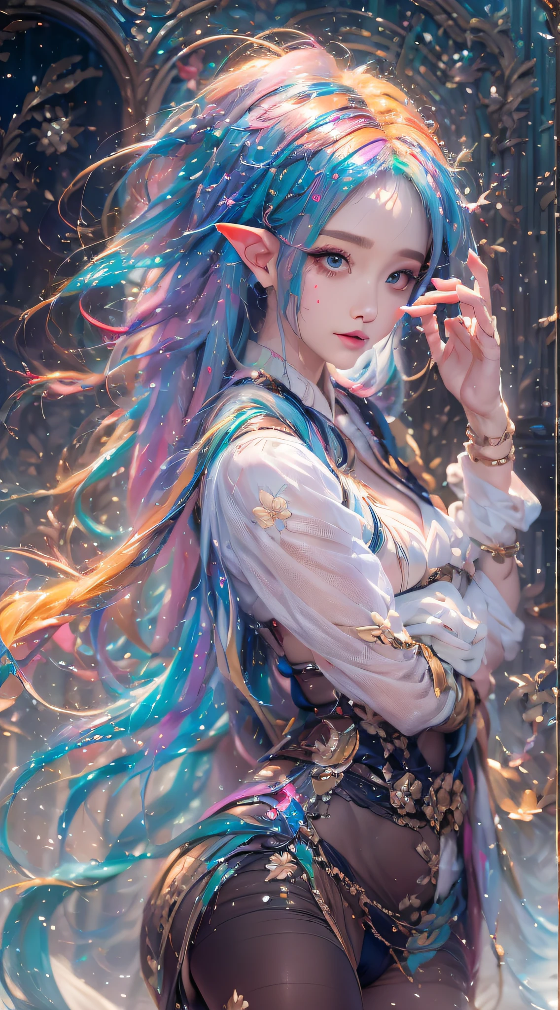 ( Absurd, High quality, Ultra-detailed, Masterpiece, concept-art, smooth, high detail artwork, Hyper-realistic painting , high resolution, paint splatter, colored splashing, Splash of Ink, colored splashing), ((Rainbow hair)),elf, Plum elf, plum , Transparent fairy wings, wearing only his underwear，huge tit，low chest，fairytale-like, Romantic, Vivid, Whole body,hand behind back，Malu，largeeyes，（Eye focus），Cosmic eyes，Space eyes，In nature with waterfalls，pureerosface_v1，ulzzang-6500-v1.1，