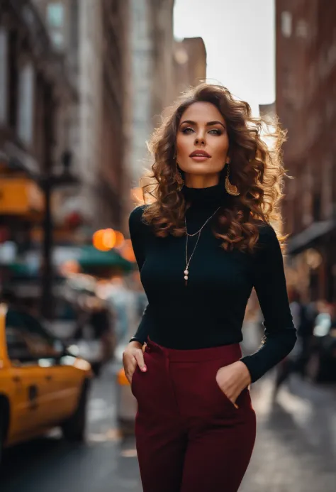 (Masterpiece, Best quality), beautiful woman, Detailed top with sleeveless turtleneck, trousers, necklace, wavy hair, perfect face, beautiful face, Attractive, Big, magnificent eyes, open mouth, content, Perfect slim fit body, (outdoor), City streets, New ...