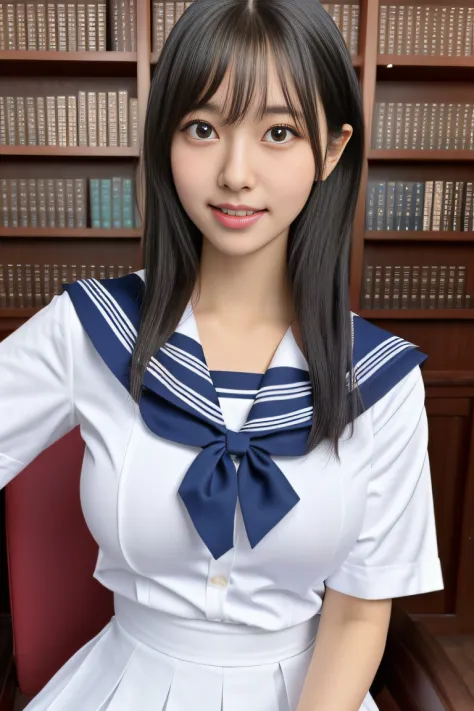 (((Draw only one woman: 2))), Beautiful 18 year old Japan woman, (High school girl in white sailor suit with short sleeves: 1.5), (Japan strict girls' school white sailor uniform:1.5), (( High school girl sitting on a chair in the library reading: 1.2)), (...