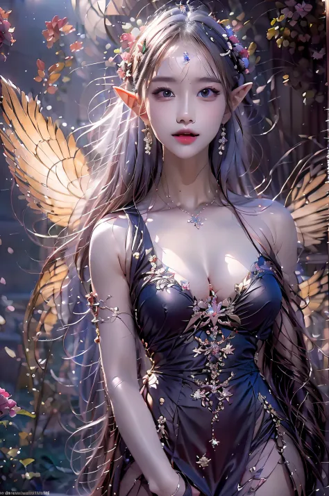 ( Absurd, High quality, Ultra-detailed, Masterpiece, concept-art, smooth, high detail artwork, Hyper-realistic painting ) , elf, Plum elf, plum , Transparent fairy wings, huge tit，low chest，fairytale-like, Romantic, Vivid, Whole body,hand behind back，Malu，...