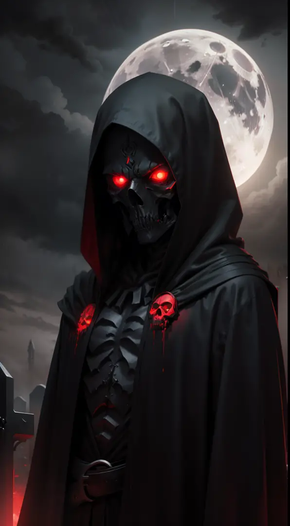 A reaper of death humanoid, scary, horror, night, dark, rainy weather, full moon, glowing red eyes, evil, 1600s, graveyard background, gloomy background, black clouds, a lot zombies red eyes looking at the view, black red details robe, wallpaper
