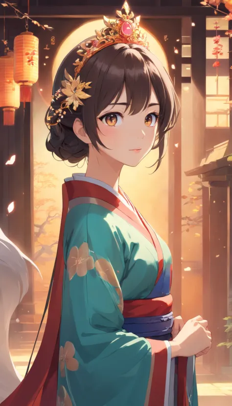 Wearing Hanfu and Crystal Crown, Standing, charming big eyes, nice tail, Standing, Surreal, Super fine, Luxurious, elegant standing, charming big eyes, nice tail, Standing, Surreal, super detailed, Luxurious, Elegant, with an intricate, Gorgeous, Illusion ...
