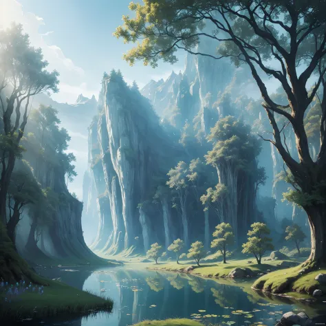 masterpiece, award winning, super detail, high quality, (fantasy art:1.4), spirit of the wind, in nature, theme color is very pale blue, trees, pond, embodiment, breeze, air, Delicate, evangelist
