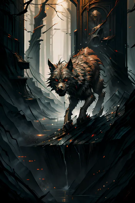 The wolf gets down from the wall, The wolf descends the wall to the ground, illustartion