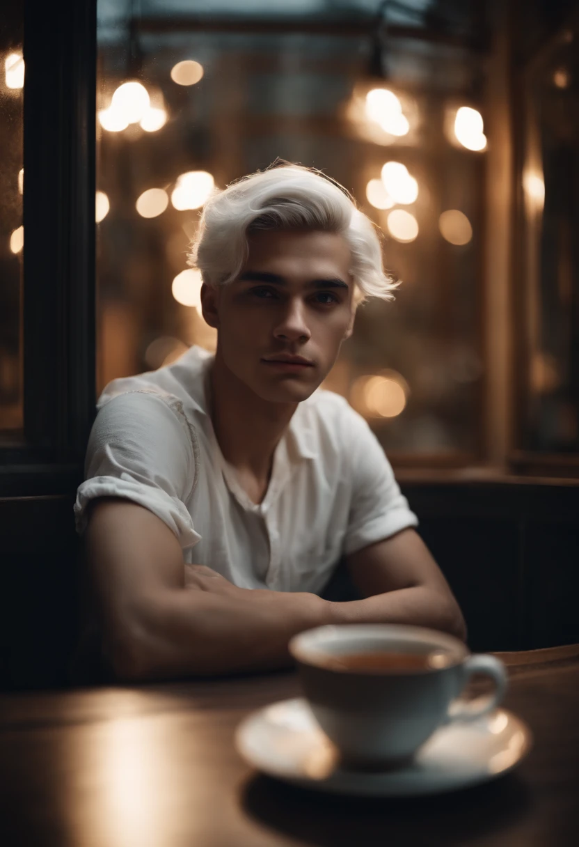 young man, 20 years old, white hair, portrait photo, white clothes, sitting looking out the window, sad, night light, tea shop background, reality photo, reality skin