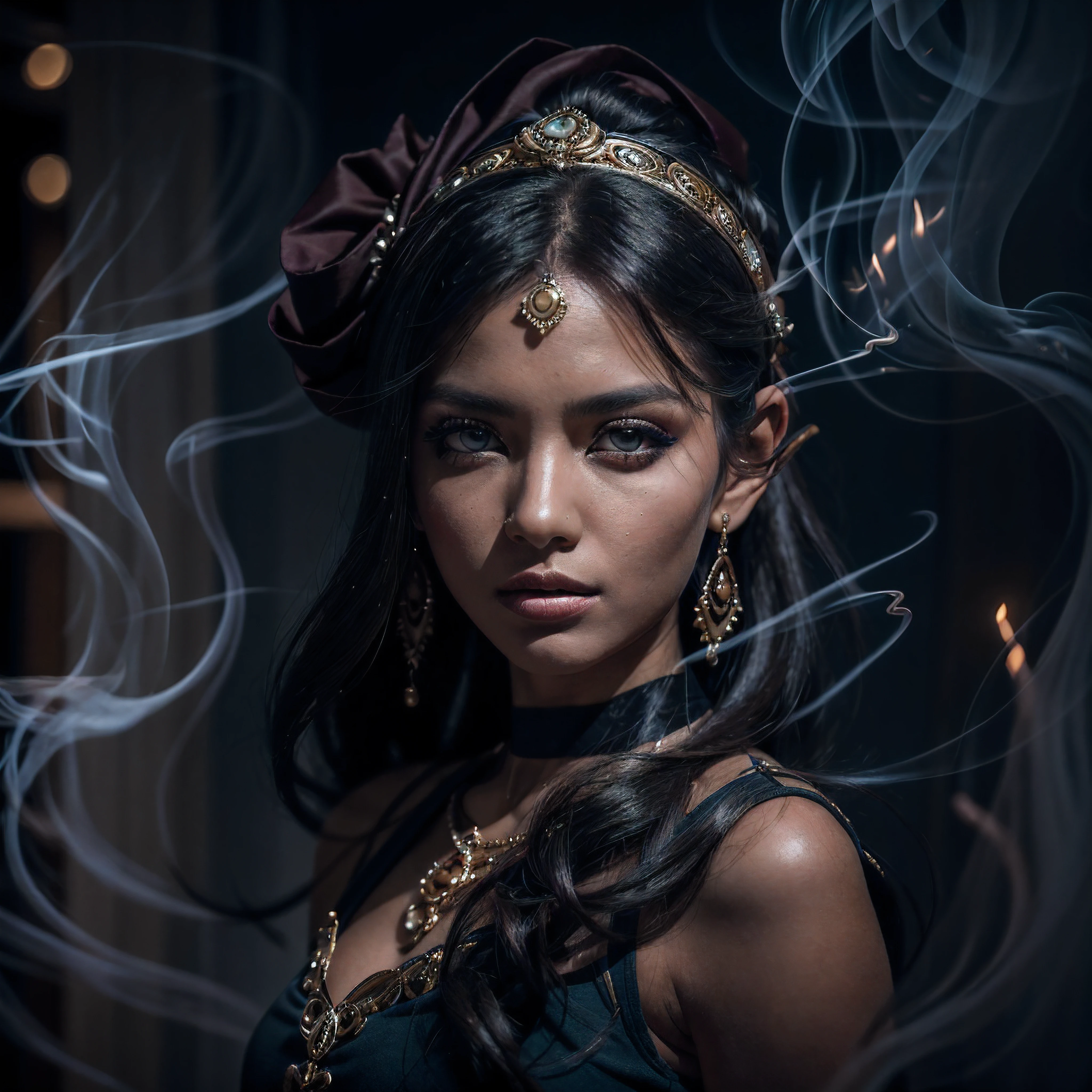 (complex composition:1.3), (detailed and expressive eyes:1.6), (futuristic style), (An exquisite photograph of a female genie made of smoke:1.5), (authentic expression in her eyes: 1.2), (her eyes are portrayed with meticulous attention to detail: 1.3), (wearing dark smoke eye makeup:1.4), The photograph is taken with a lens that emphasizes the depth in her eyes, and the backdrop is a dark studio setting that enhances the colours of the scene. The lighting and shadows are expertly crafted to bring out the richness of her skin tone and the intense atmosphere. Her creative hair adds a touch of contrast against her skin, The overall composition captures her essence with authenticity and grace, creating a portrait that celebrates her heritage and beauty. Photography utilizing the best techniques for shadow and lighting, to create a mesmerizing portrayal that transcends the visual, slightly tilted head,