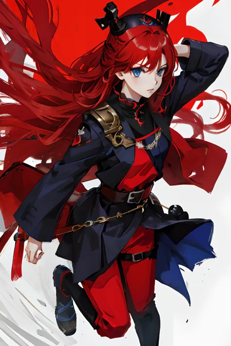 Niji style, 1girl, red hair, blue eyes, black and red outfit, black theme,anime, (( black crown))