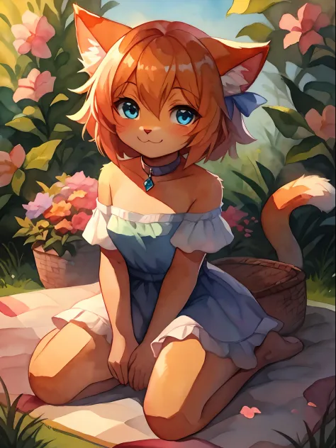 Orange furry cat, within a basket, cute cat , realistic anime cat, cute orange cat with white fluffy fur, within a beautiful pastel valley with various flowers and feathers on the ground, bright green grass, cat has blue eyes , cute cat has orange fur, wat...