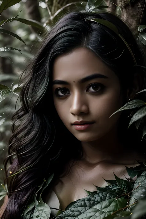 Portrait in forest, mother nature style leaves, hair made of green leaves, dreamlike, young black woman,indonesian, UHD, forest ...