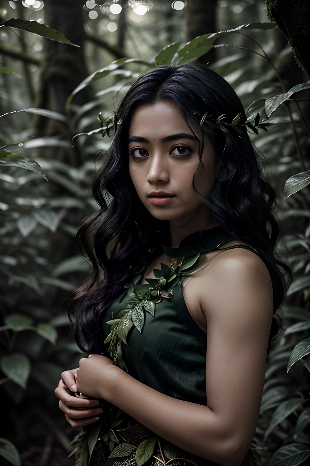 Portrait in forest, mother nature style leaves, hair made of green leaves, dreamlike, young black woman,indonesian, UHD, forest goddess, fairy, dark green clothing, forest, falling leaves, particles, best quality, pose, upper body, looking at the viewer, tetroilluminated, rimlight, beautiful artwork, perfect composition