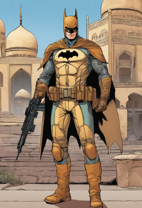 Batman, tan armor, mosque , AK-47 in background. IEDs in background.