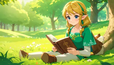 Ultradefinition, 8K, high quality, Katriele layton girl version, 1 girl, sitting down near a three, sleeping with a book on her lap, sitting on the grass