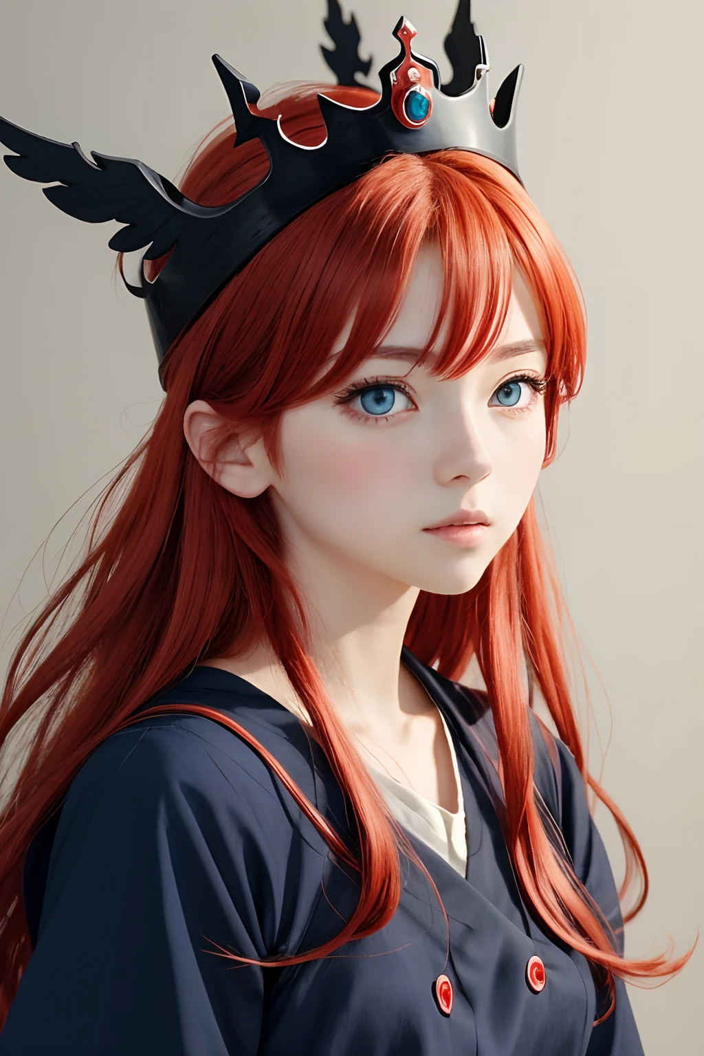 Estilo Niji, estilo ghibli,garota anime com coroa e cabelo ruivo e olhos azuis com roupas pretas, olhando para o espectador