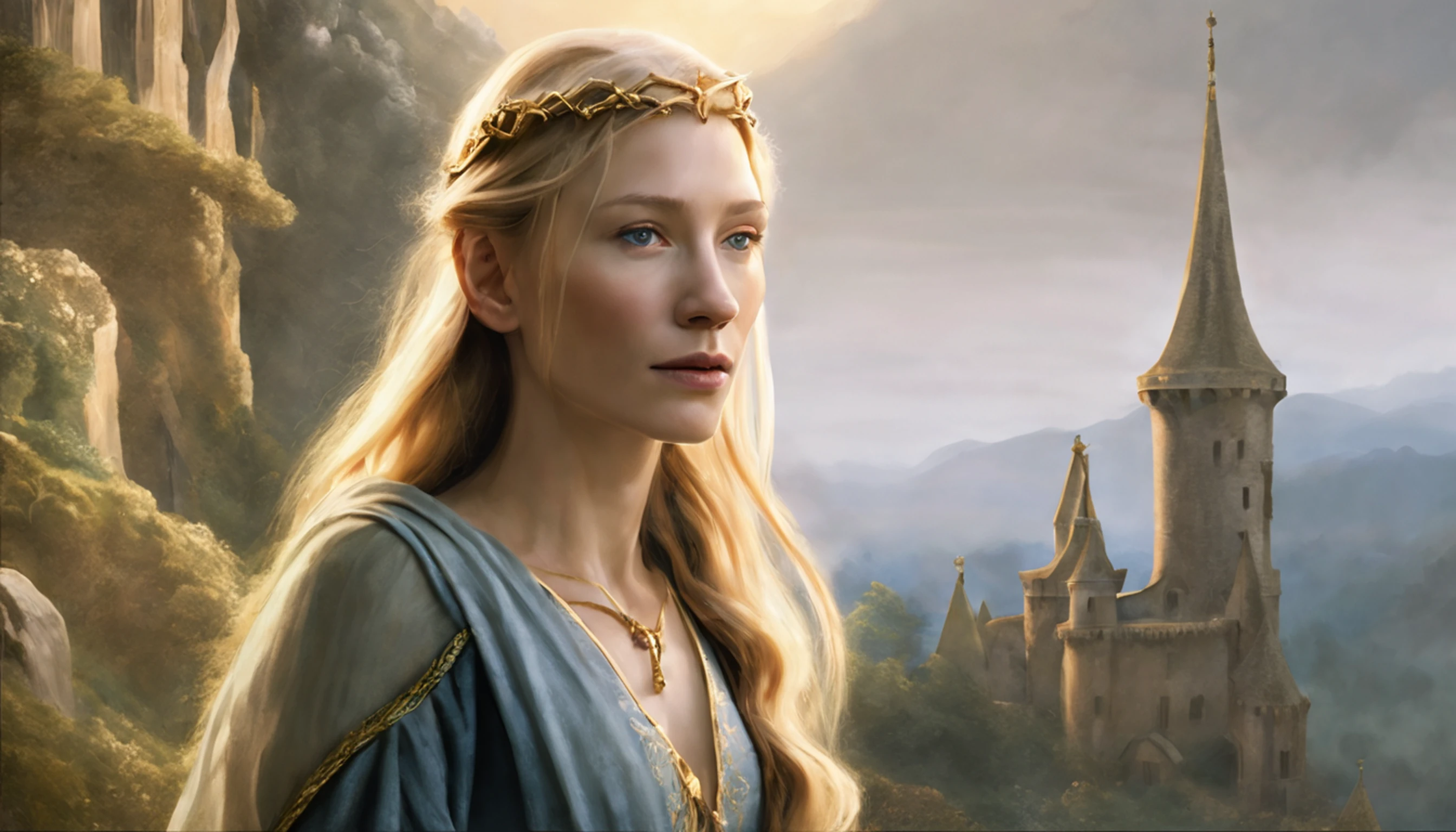 ((Cate Blanchett), (Galadriel)),  estilo de sesión de modelo, Parece Keira Knightley, (Fondo de pantalla CG unity 8k extremadamente detallado), Foto de cuerpo entero de la obra de arte más bella del mundo., Bruja medieval inglesa, Vale Verde, piel de perla,Corona de oro, diamantes, Fondo detallado con arquitectura medieval., pintura al óleo majestuosa profesional de Ed Blinkey, Atey Ghailan, Estudio Ghibli, Dirigido por: Jeremy Mann, Greg Manxadinho, Antonio Moro, tendencia en artstation, tendencias en la sociedad cg, intrincado, Alto detalle, enfoque nítido, dramático, Arte de pintura fotorrealista de Midjourney e Greg Rutkowski