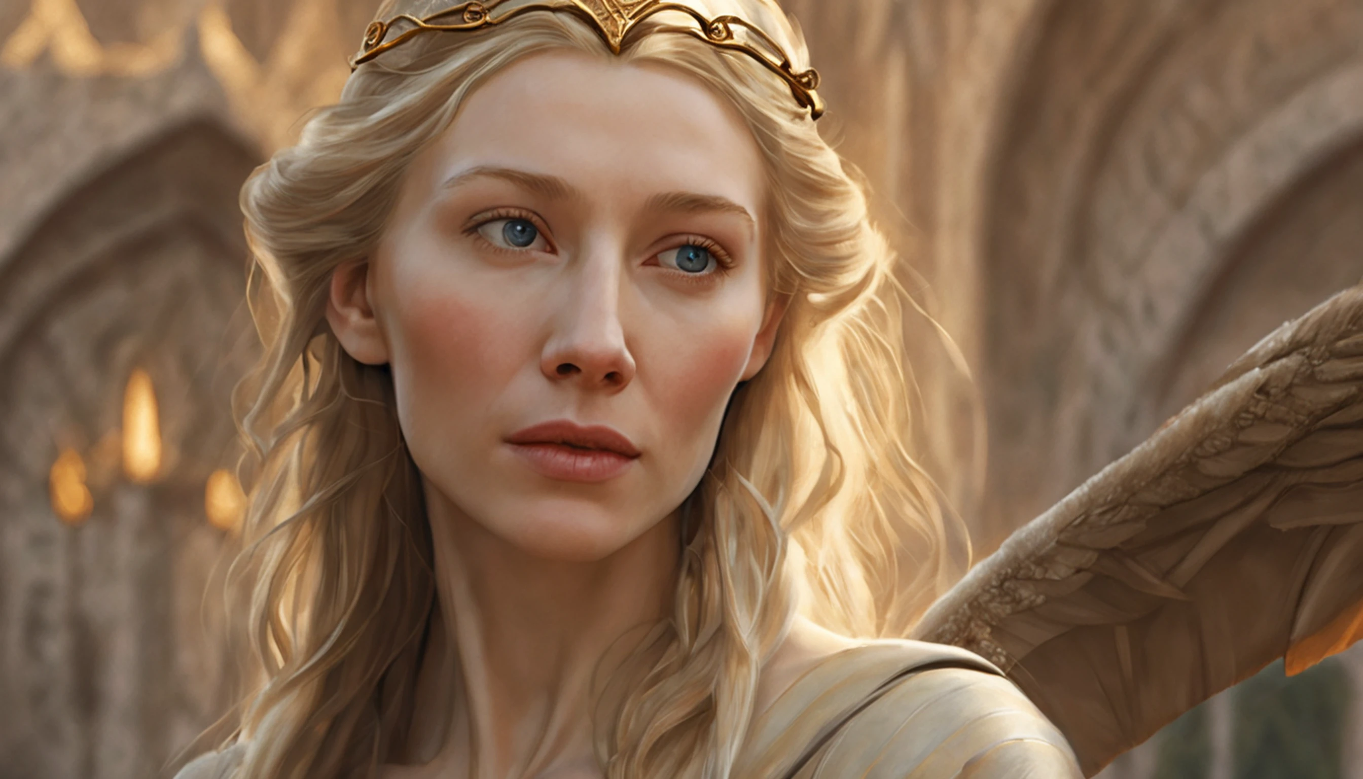 ((Cate Blanchett), (Galadriel)),  estilo de sesión de modelo, Parece Keira Knightley, (Fondo de pantalla CG unity 8k extremadamente detallado), Foto de cuerpo entero de la obra de arte más bella del mundo., Bruja medieval inglesa, Vale Verde, piel de perla,Corona de oro, diamantes, Fondo detallado con arquitectura medieval., pintura al óleo majestuosa profesional de Ed Blinkey, Atey Ghailan, Estudio Ghibli, Dirigido por: Jeremy Mann, Greg Manxadinho, Antonio Moro, tendencia en artstation, tendencias en la sociedad cg, intrincado, Alto detalle, enfoque nítido, dramático, Arte de pintura fotorrealista de Midjourney e Greg Rutkowski